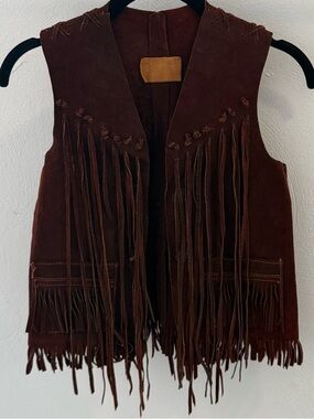 Women's Brown Suede Fringe Vest Cropped Festival, Coachella Western Boho XS